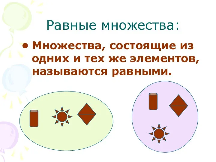 Равные множества: Множества, состоящие из одних и тех же элементов, называются равными.