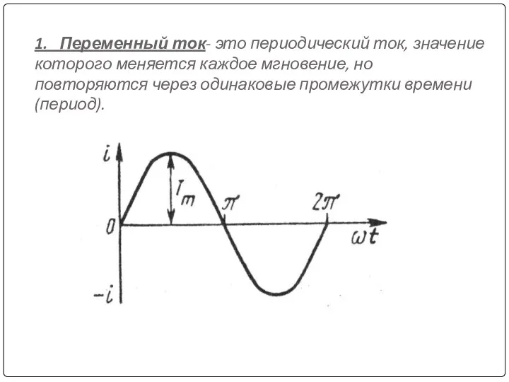 1. Переменный ток- это периодический ток, значение которого меняется каждое мгновение,