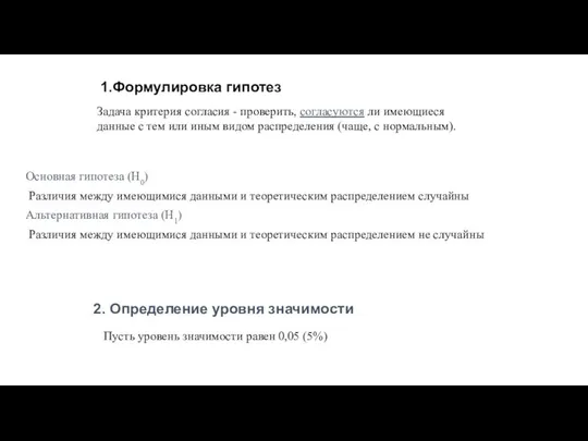 1.Формулировка гипотез Основная гипотеза (H0) Различия между имеющимися данными и теоретическим