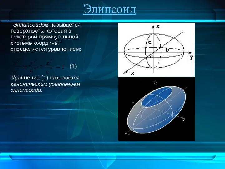 Элипсоид Эллипсоидом называется поверхность, которая в некоторой прямоугольной системе координат определяется