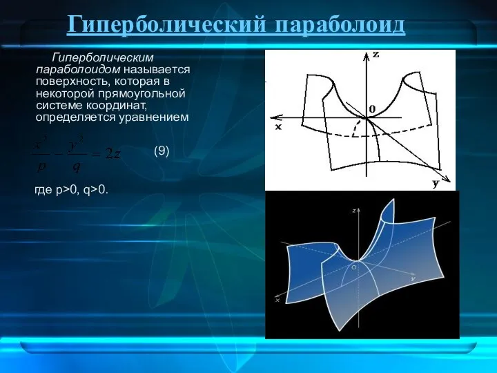 Гиперболический параболоид Гиперболическим параболоидом называется поверхность, которая в некоторой прямоугольной системе