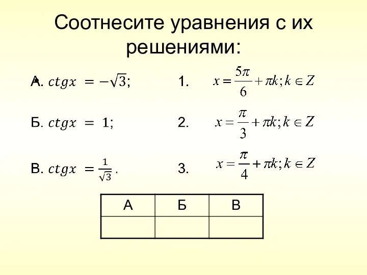 Соотнесите уравнения с их решениями: