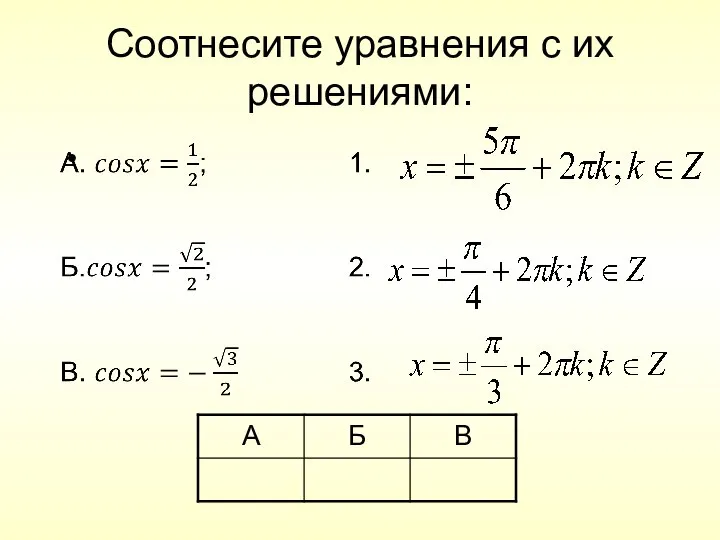 Соотнесите уравнения с их решениями: