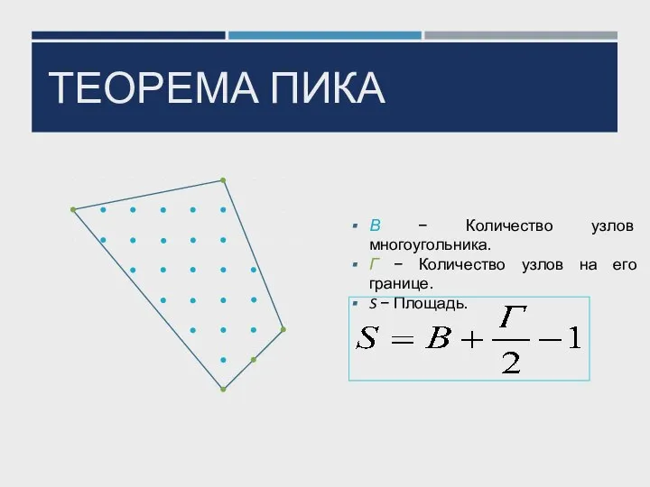 ТЕОРЕМА ПИКА В − Количество узлов многоугольника. Г − Количество узлов