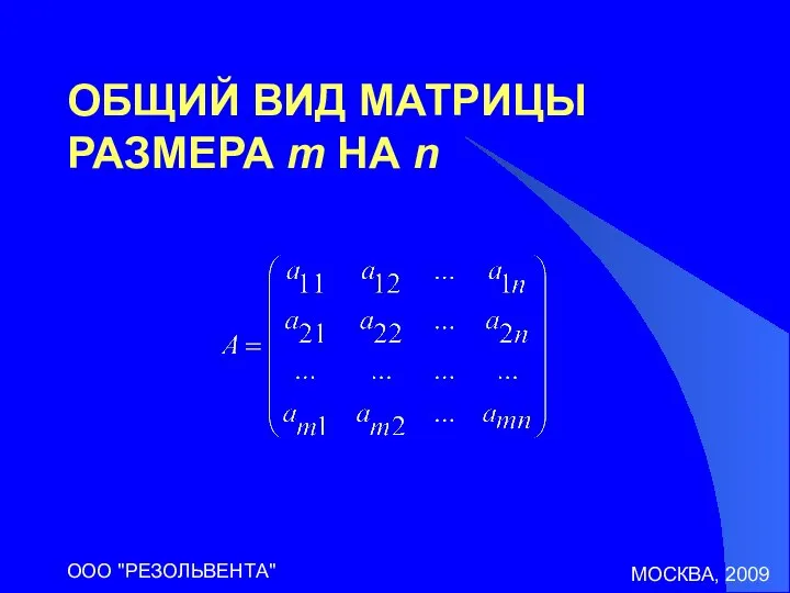 МОСКВА, 2009 ООО "РЕЗОЛЬВЕНТА" ОБЩИЙ ВИД МАТРИЦЫ РАЗМЕРА m НА n