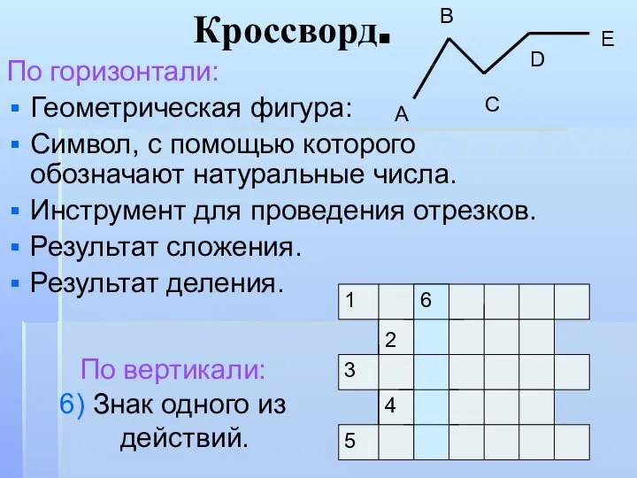 Кроссворд. По горизонтали: Геометрическая фигура: Символ, с помощью которого обозначают натуральные