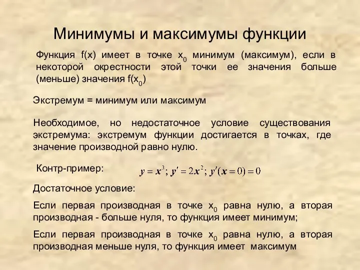 Минимумы и максимумы функции Функция f(x) имеет в точке х0 минимум