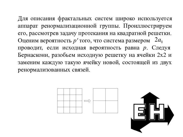 Для описания фрактальных систем широко используется аппарат ренормализационной группы. Проиллюстрируем его,