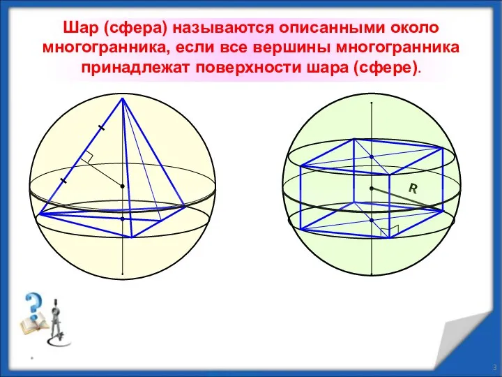 * Шар (сфера) называются описанными около многогранника, если все вершины многогранника принадлежат поверхности шара (сфере). R