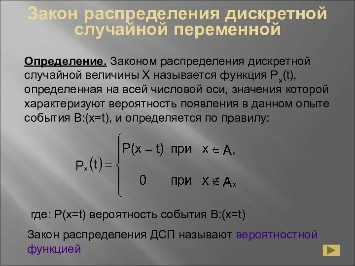 Закон распределения дискретной случайной переменной Определение. Законом распределения дискретной случайной величины