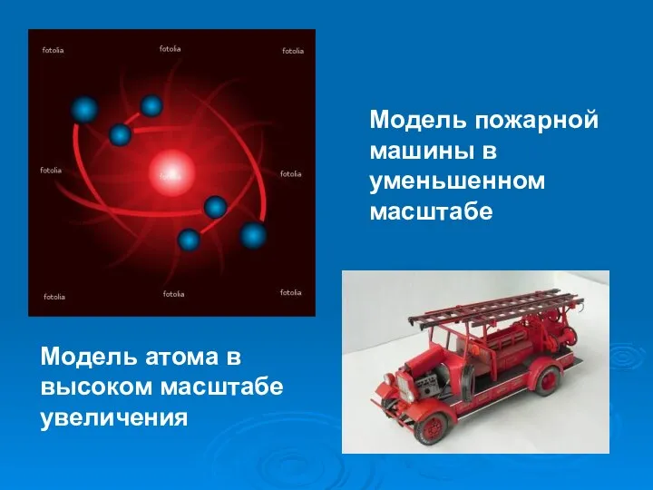 Модель пожарной машины в уменьшенном масштабе Модель атома в высоком масштабе увеличения