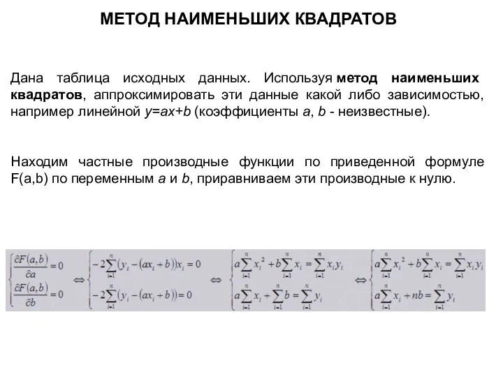 МЕТОД НАИМЕНЬШИХ КВАДРАТОВ Дана таблица исходных данных. Используя метод наименьших квадратов,