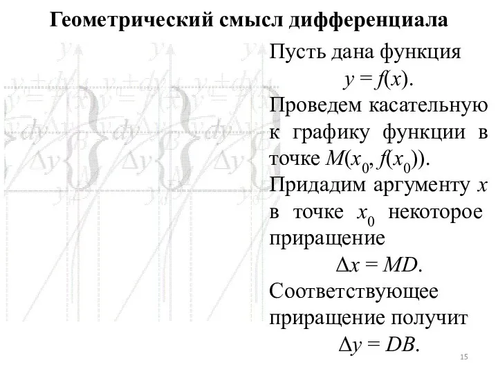 Геометрический смысл дифференциала Пусть дана функция y = f(x). Проведем касательную