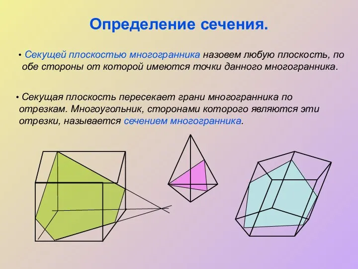 Определение сечения. Секущей плоскостью многогранника назовем любую плоскость, по обе стороны