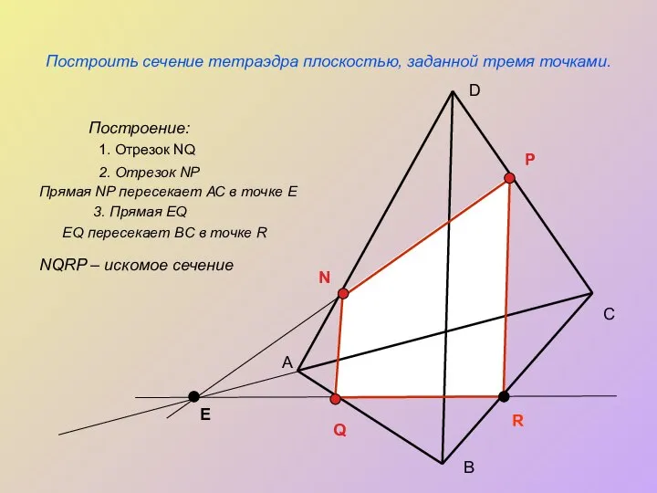 Построить сечение тетраэдра плоскостью, заданной тремя точками. Построение: А С В