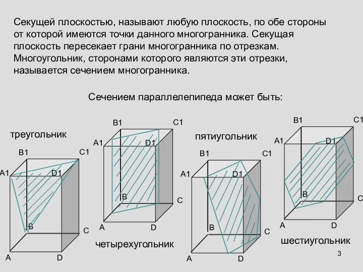 Секущей плоскостью, называют любую плоскость, по обе стороны от которой имеются