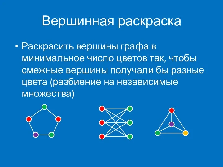 Вершинная раскраска Раскрасить вершины графа в минимальное число цветов так, чтобы