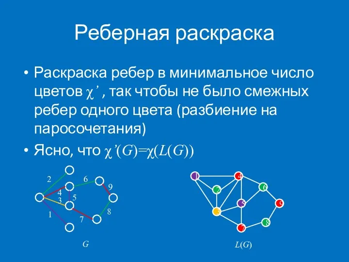 Реберная раскраска Раскраска ребер в минимальное число цветов χ’ , так