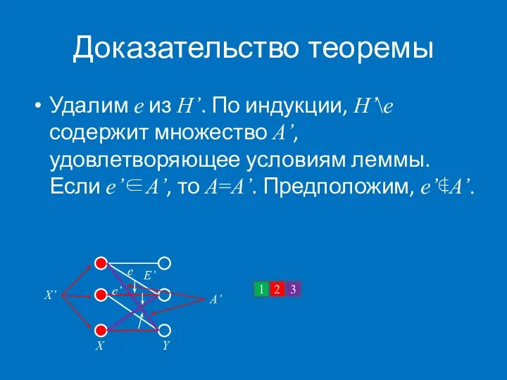 Доказательство теоремы Удалим e из H’. По индукции, H’\e содержит множество