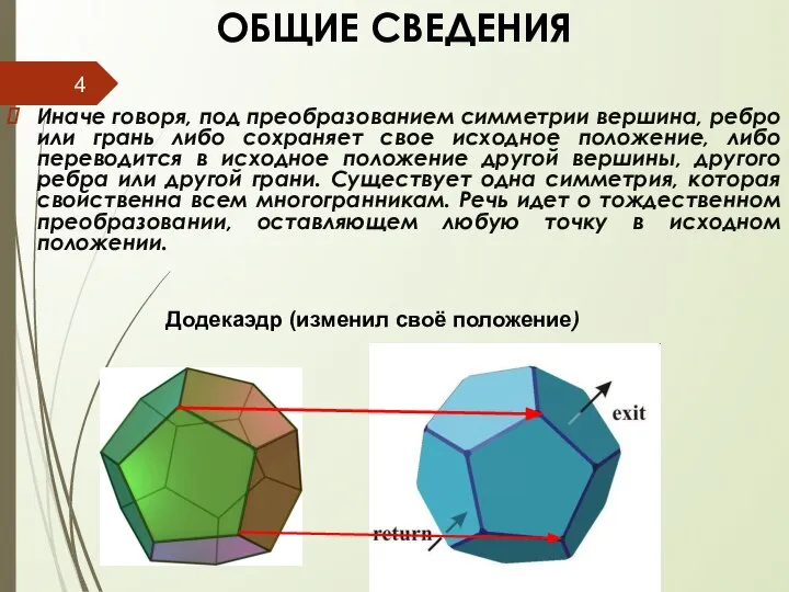 ОБЩИЕ CВЕДЕНИЯ Иначе говоря, под преобразованием симметрии вершина, ребро или грань