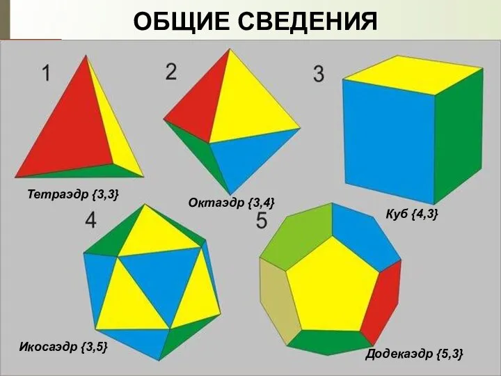 ОБЩИЕ СВЕДЕНИЯ Тетраэдр {3,3} Куб {4,3} Октаэдр {3,4} Икосаэдр {3,5} Додекаэдр {5,3}