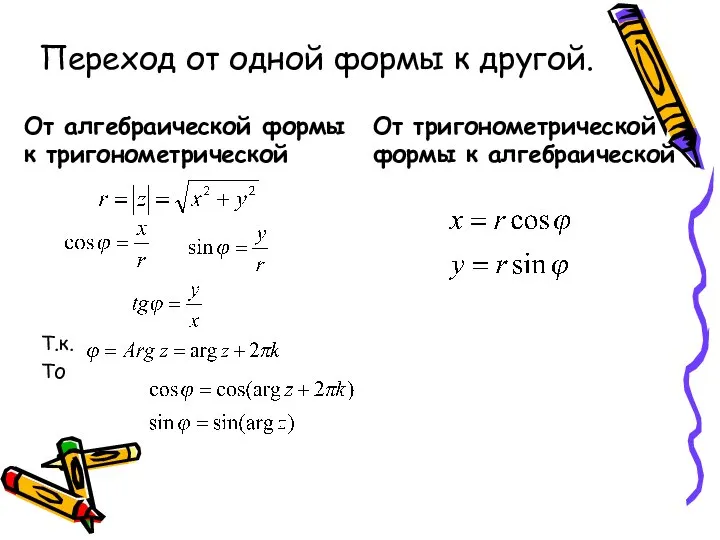 Переход от одной формы к другой. От алгебраической формы к тригонометрической