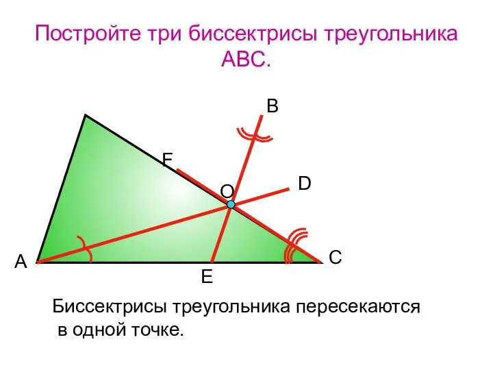 Постройте три биссектрисы треугольника АВС. А В С D F E