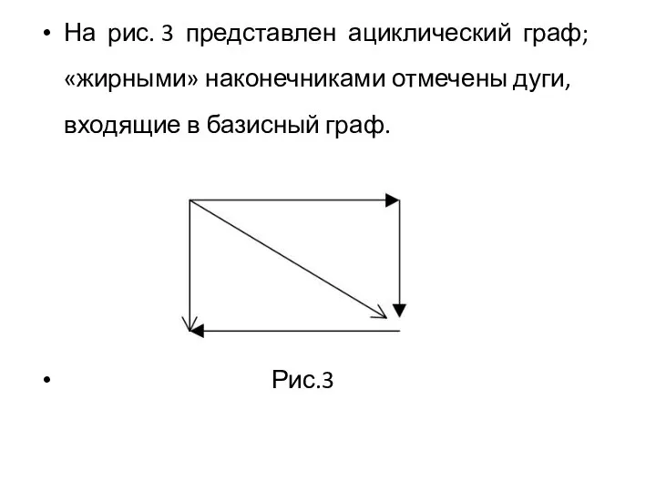 На рис. 3 представлен ациклический граф; «жирными» наконечниками отмечены дуги, входящие в базисный граф. Рис.3