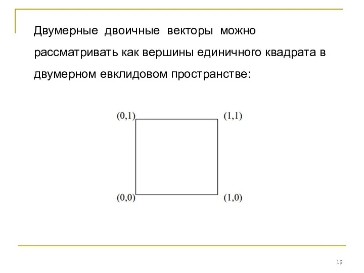 Двумерные двоичные векторы можно рассматривать как вершины единичного квадрата в двумерном евклидовом пространстве: