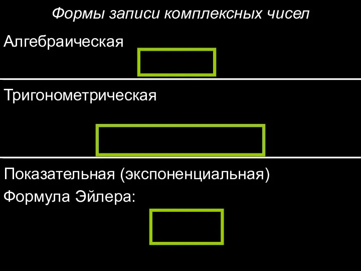 Формы записи комплексных чисел Алгебраическая Тригонометрическая Показательная (экспоненциальная) Формула Эйлера: