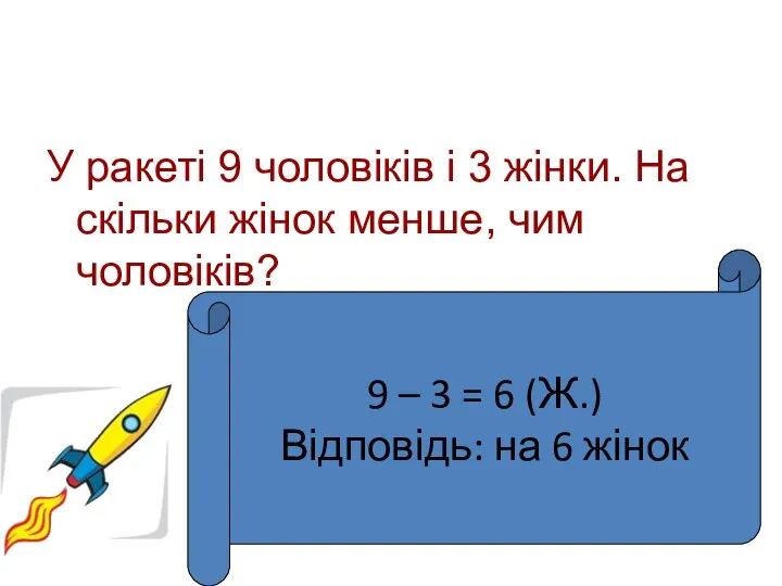 "Кмітлива” У ракеті 9 чоловіків і 3 жінки. На скільки жінок