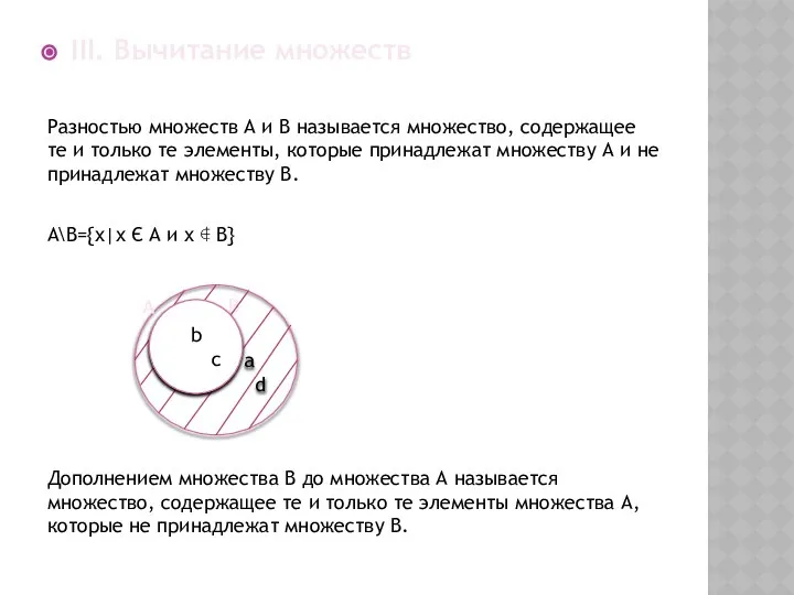 III. Вычитание множеств Разностью множеств А и В называется множество, содержащее