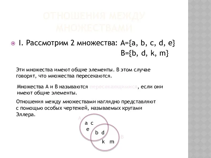 ОТНОШЕНИЯ МЕЖДУ МНОЖЕСТВАМИ I. Рассмотрим 2 множества: А={a, b, c, d,