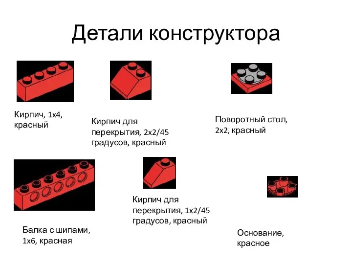 Детали конструктора Кирпич, 1x4, красный Кирпич для перекрытия, 2x2/45 градусов, красный