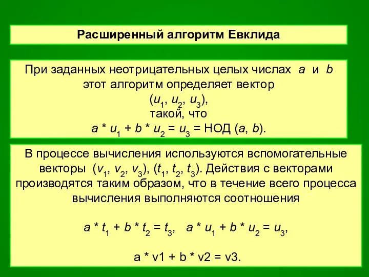 Расширенный алгоритм Евклида При заданных неотрицательных целых числах a и b
