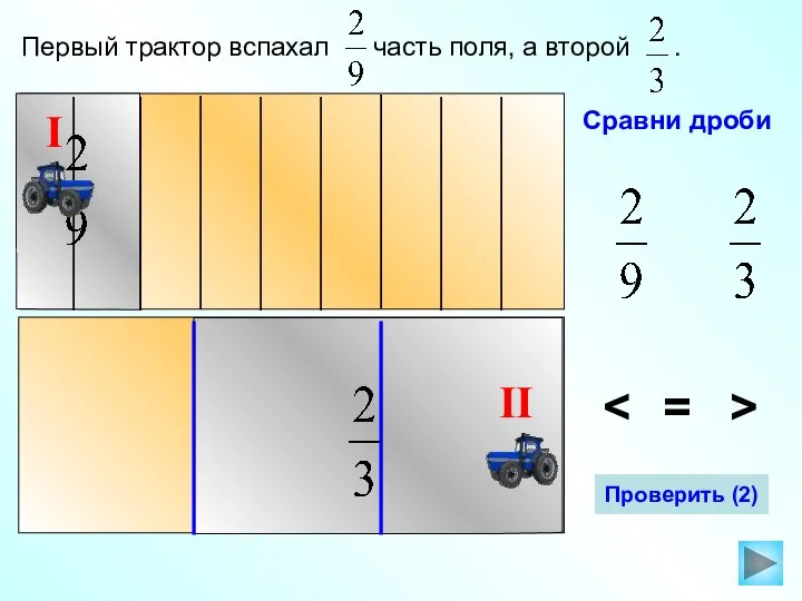 Первый трактор вспахал часть поля, а второй . Сравни дроби > = Проверить (2)