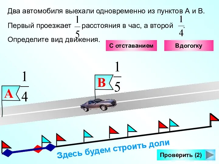 Здесь будем строить доли Проверить (2) Два автомобиля выехали одновременно из