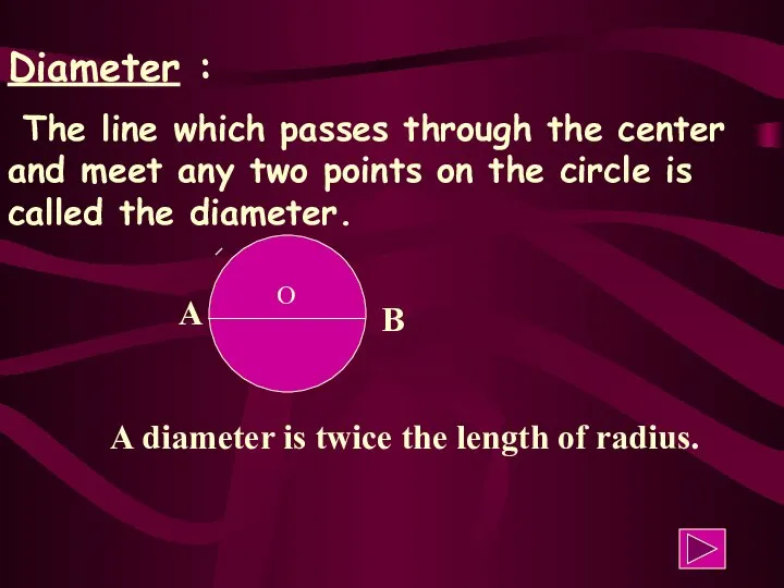 Diameter : The line which passes through the center and meet