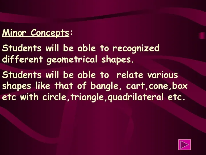 Minor Concepts: Students will be able to recognized different geometrical shapes.