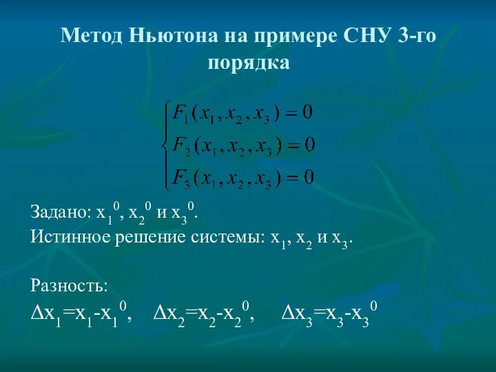 Метод Ньютона на примере СНУ 3-го порядка Задано: x10, x20 и