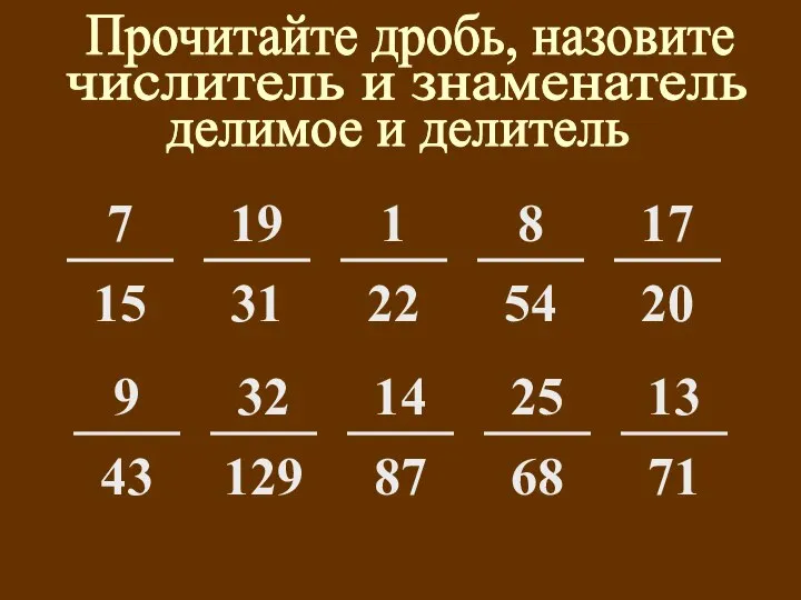 Прочитайте дробь, назовите числитель и знаменатель делимое и делитель