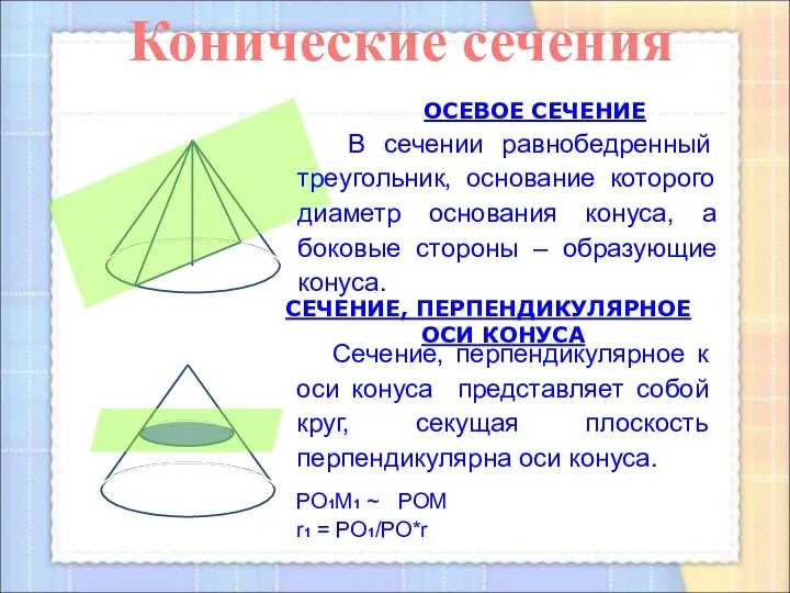 Сечение, перпендикулярное к оси конуса представляет собой круг, секущая плоскость перпендикулярна