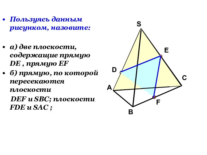 Пользуясь данным рисунком, назовите: а) две плоскости, содержащие прямую DE ,