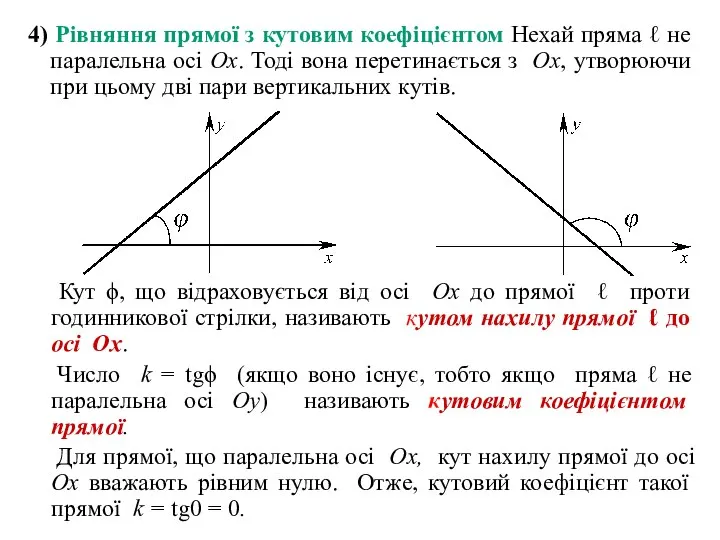 4) Рівняння прямої з кутовим коефіцієнтом Нехай пряма ℓ не паралельна