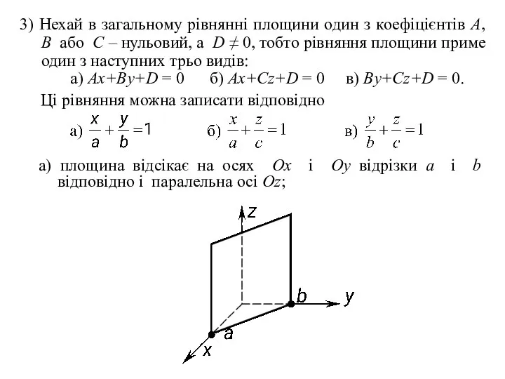 а) площина відсікає на осях Ox і Oy відрізки a і