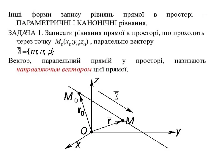 Інші форми запису рівнянь прямої в просторі – ПАРАМЕТРИЧНІ І КАНОНІЧНІ