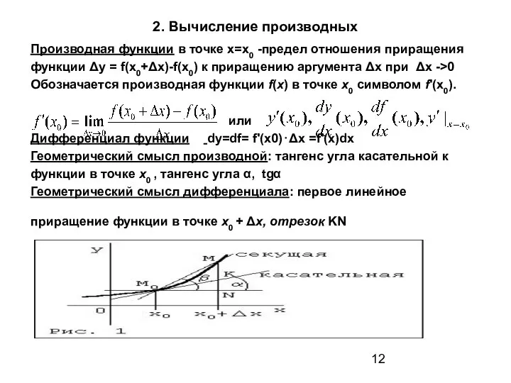 2. Вычисление производных Производная функции в точке х=х0 -предел отношения приращения