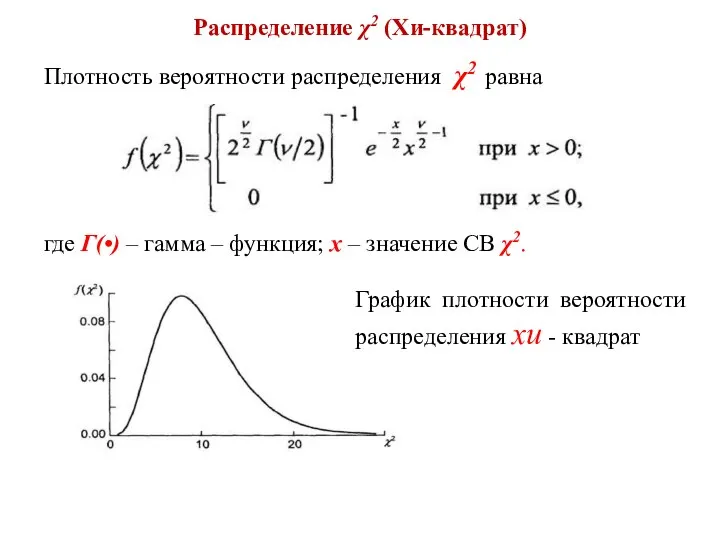 Распределение χ2 (Хи-квадрат) Плотность вероятности распределения χ2 равна где Г(•) –