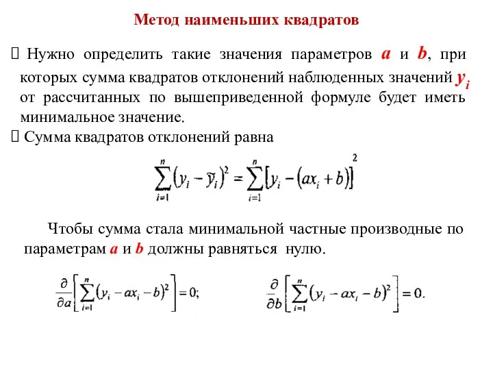 Метод наименьших квадратов Нужно определить такие значения параметров a и b,