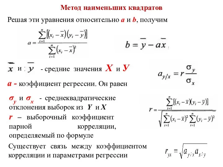 Метод наименьших квадратов Решая эти уравнения относительно a и b, получим